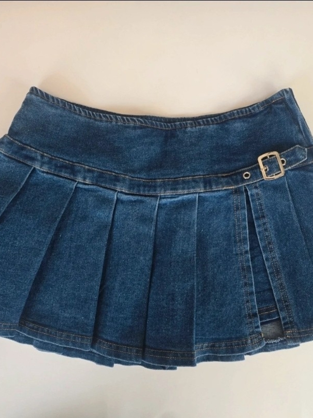 Windsor Dark Blue Denim Pleated Mini Skirt with Buckle Detail